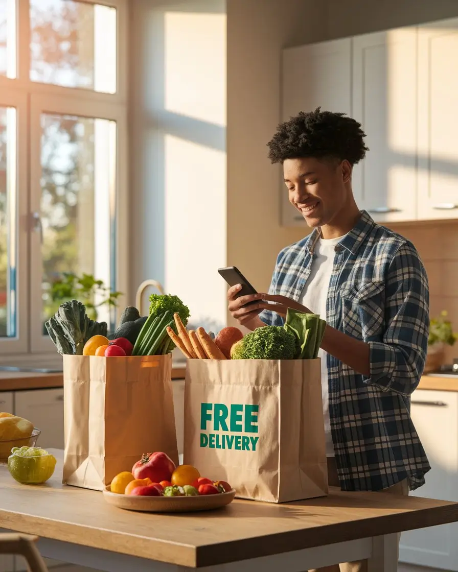 Happy family receiving Instacart grocery delivery with fresh produce
