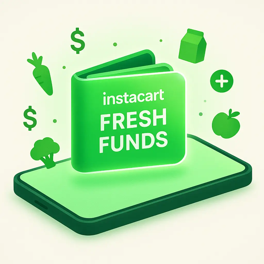 An illustration of an Instacart wallet showing Fresh Funds credits and savings.
