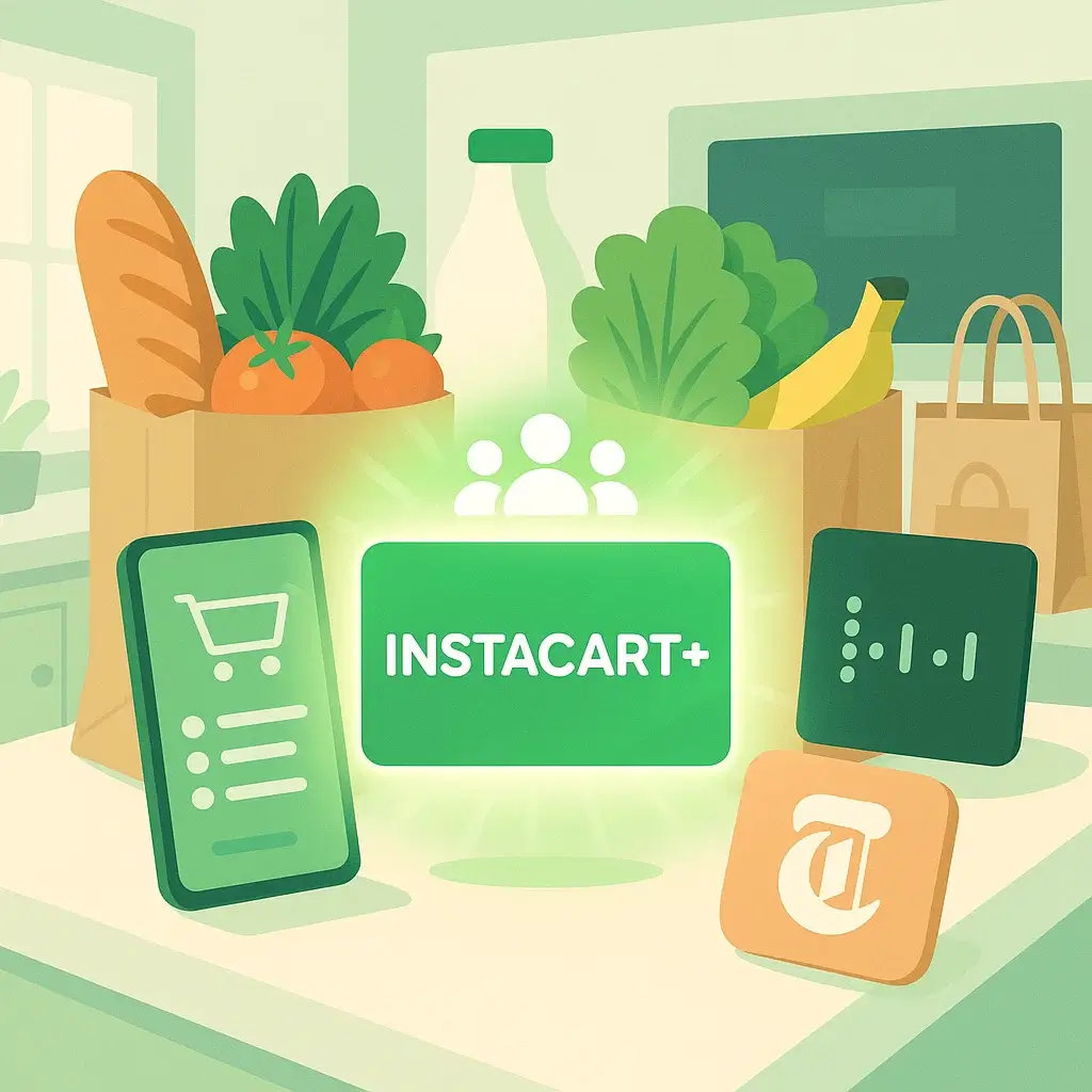 An illustration of the Instacart+ membership card and its benefits