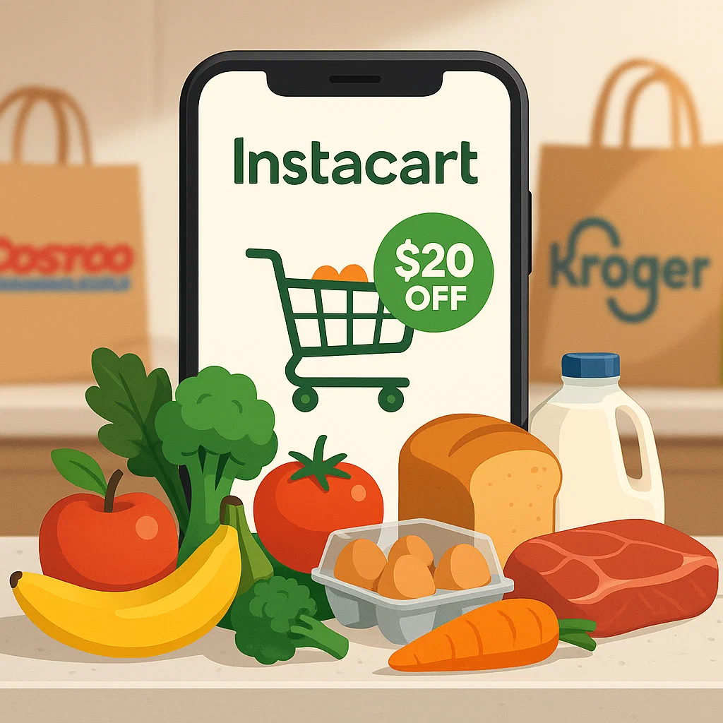 An image illustrating a $20 discount on an Instacart grocery order