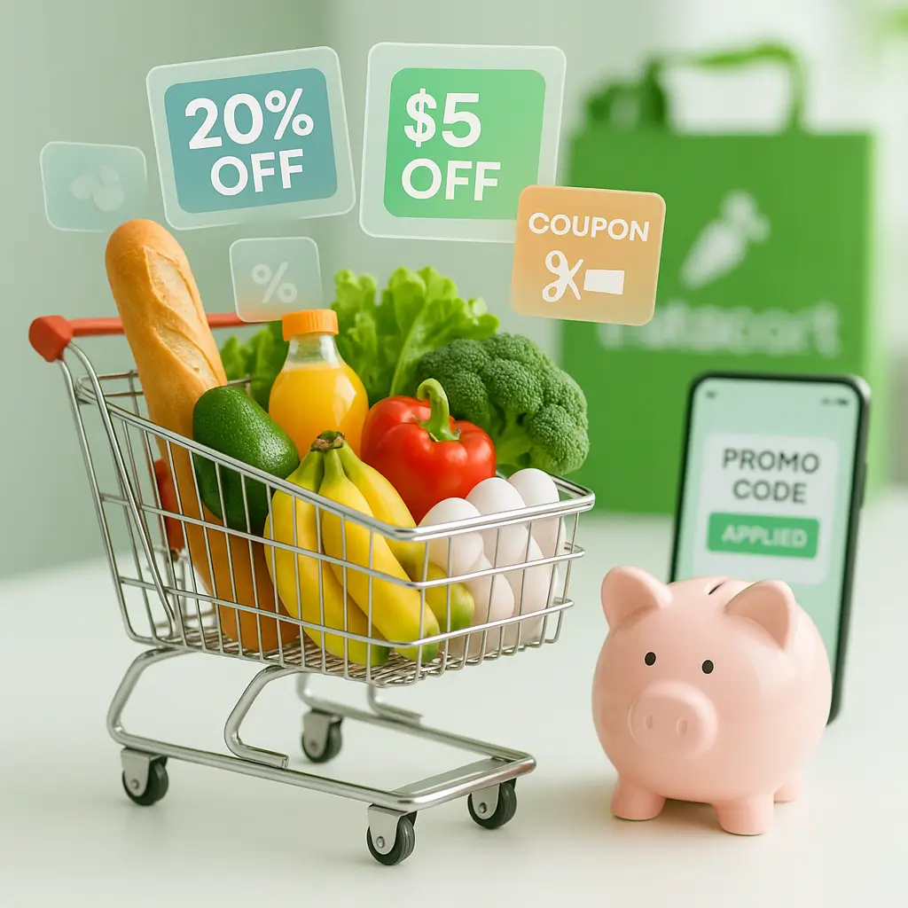 A piggy bank with groceries, symbolizing the ultimate savings guide for Instacart.