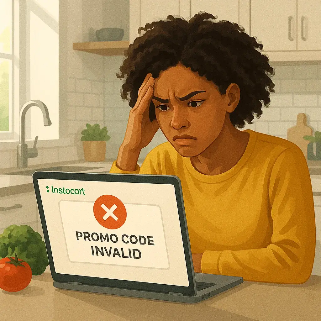 Illustration showing an Instacart promo code error message and solutions