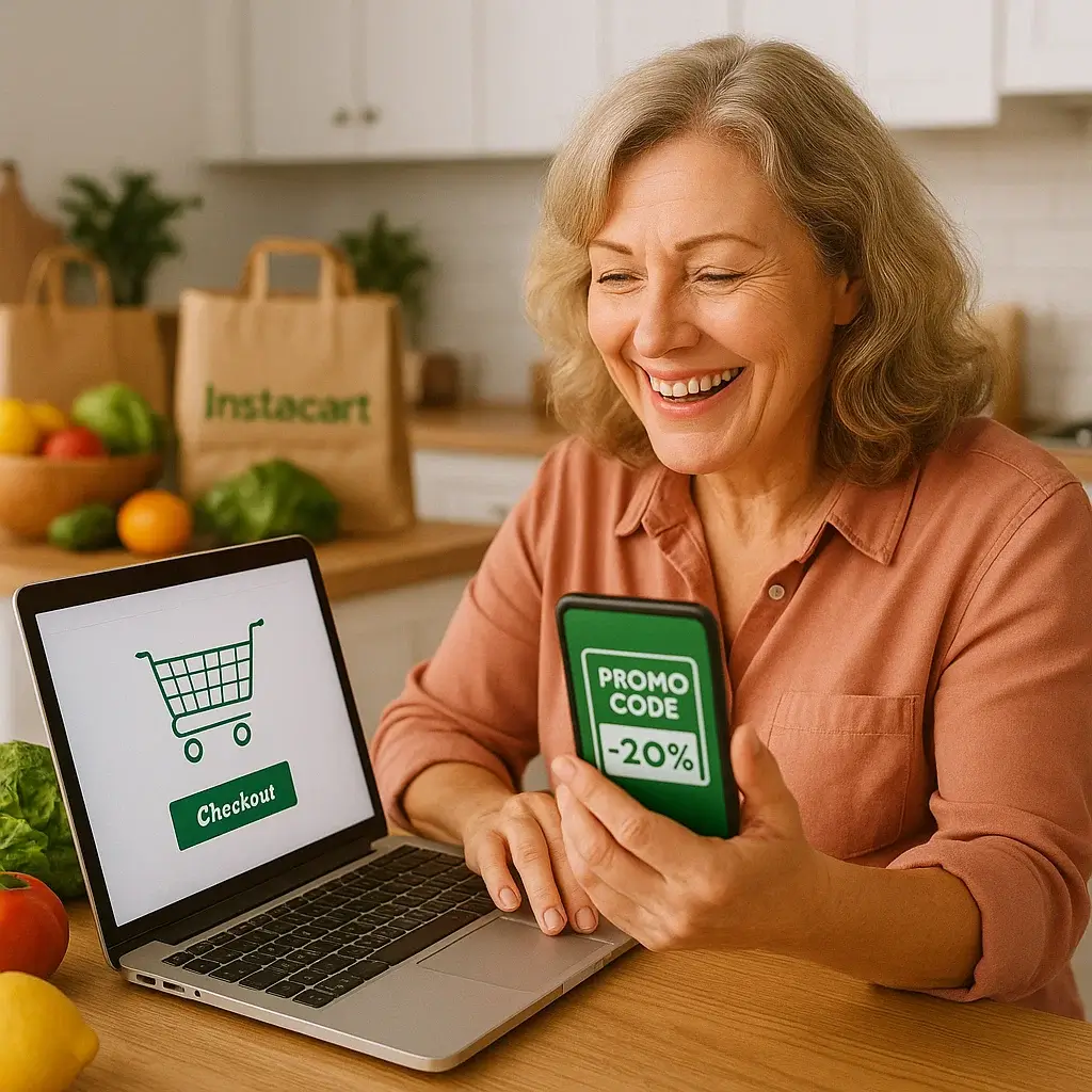Illustration of an existing Instacart user finding promo codes and saving money