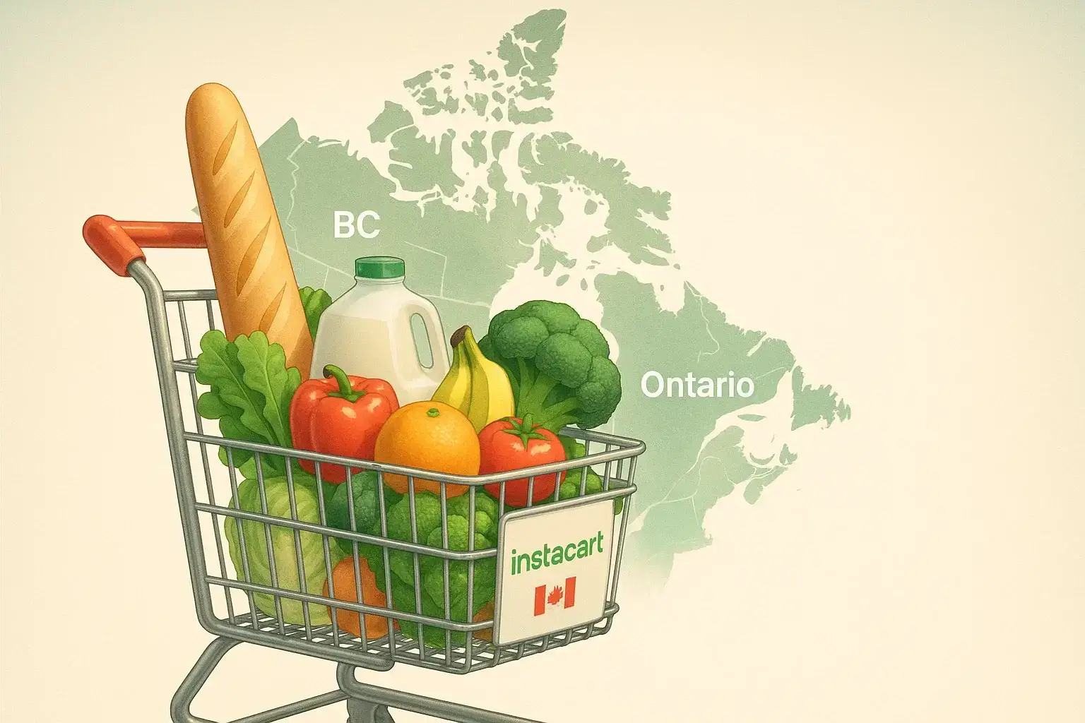 A Canadian maple leaf superimposed over a grocery cart, symbolizing Instacart deals in Canada.