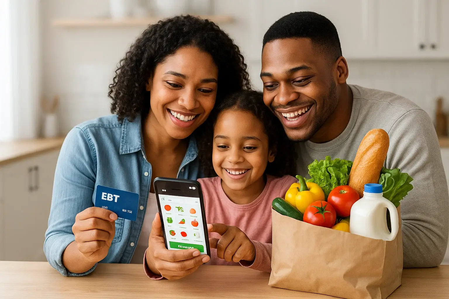 An EBT card next to a grocery bag with the Instacart logo, signifying online grocery shopping with SNAP benefits.