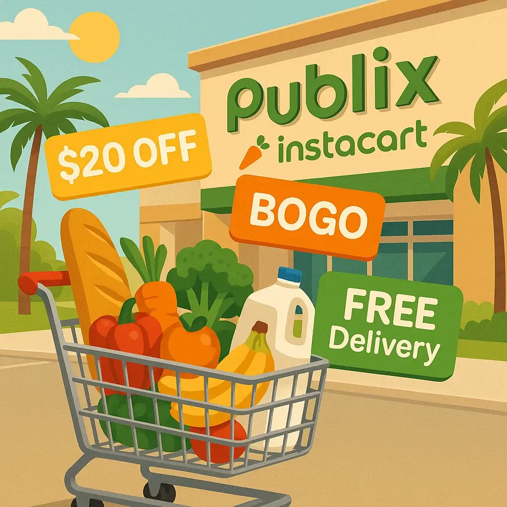 A shopping cart with the Publix and Instacart logos, symbolizing savings