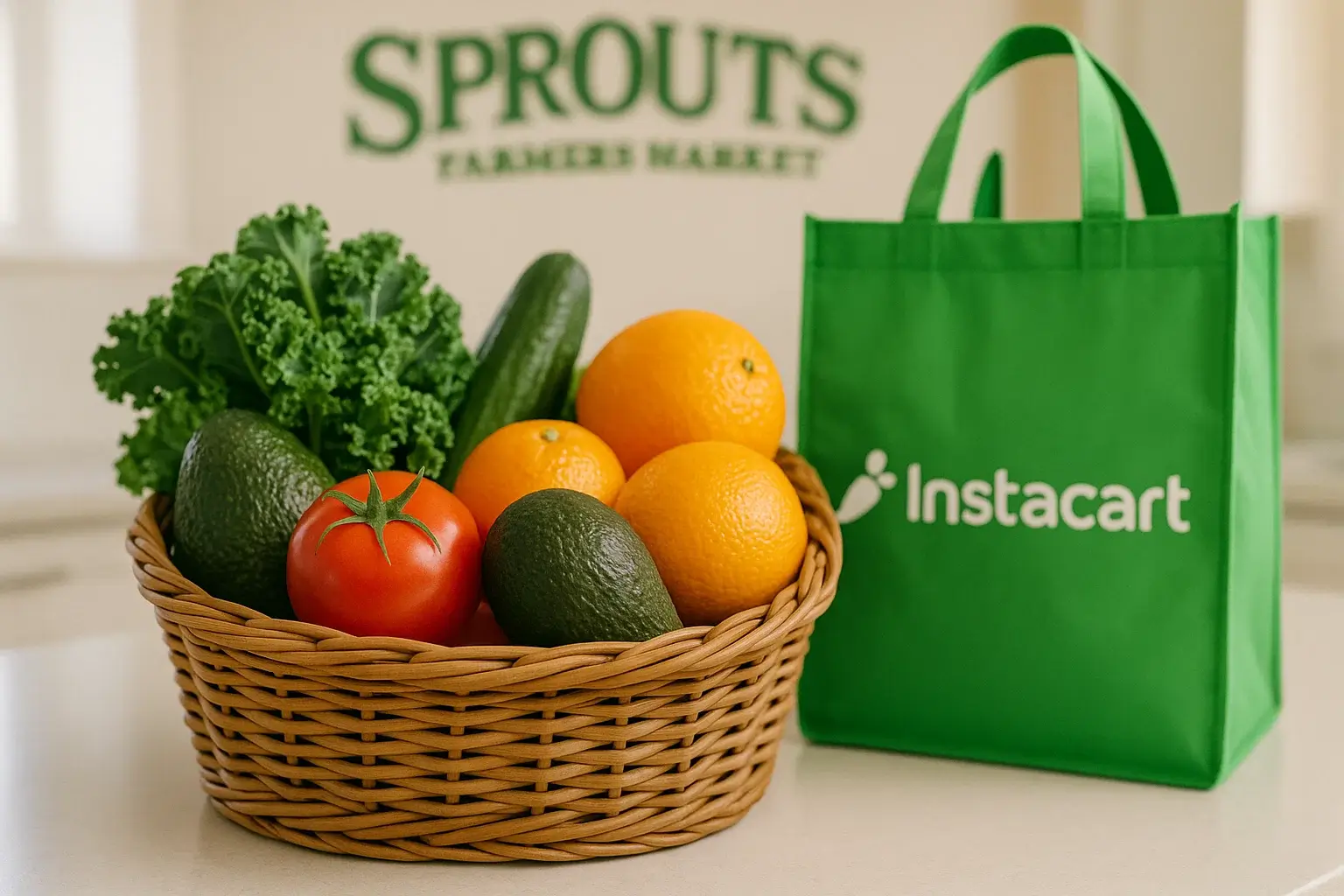 A shopping basket filled with fresh organic produce from Sprouts Farmers Market.