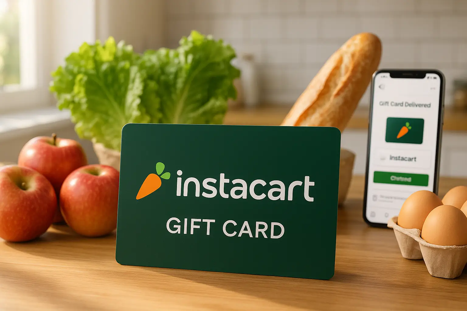 An Instacart gift card being presented as a gift, surrounded by groceries.