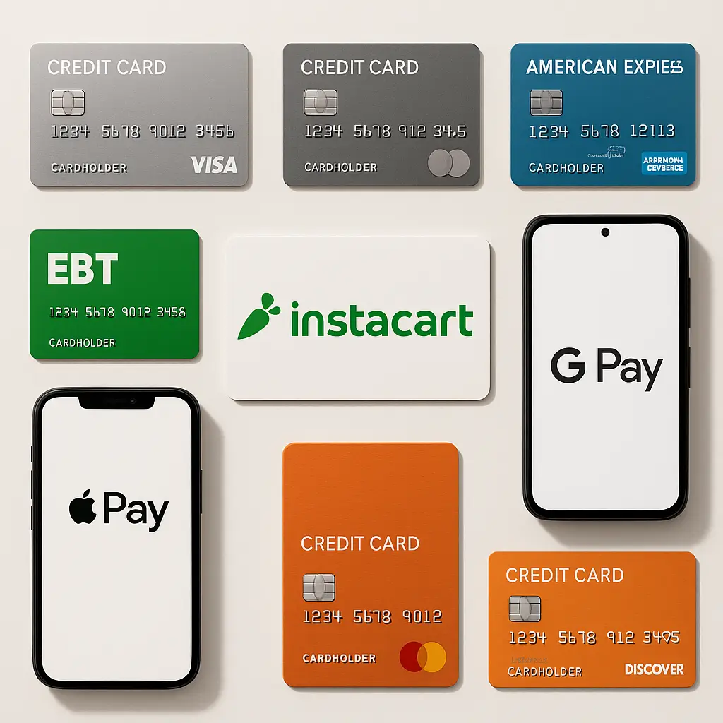 A collection of credit cards, an EBT card, and mobile payment logos next to the Instacart logo.